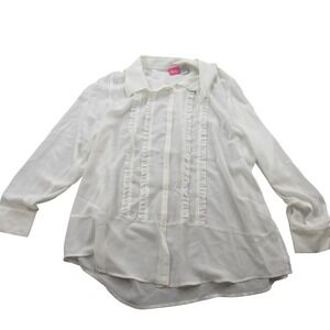 Du Jour Women's White Sheer Ruffle Front Button Up Blouse Plus Size 1X